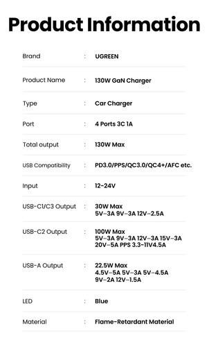 Cargador Auto Ugreen 130w Usb C Usb A Gan 4 Puertos Ec706 - Imagen 4