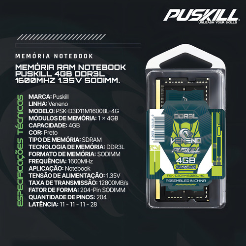 Memoria Ram Puskill Sodimm Ddr3l 4gb 1600mhz Pc3l 12800s - Imagen 4